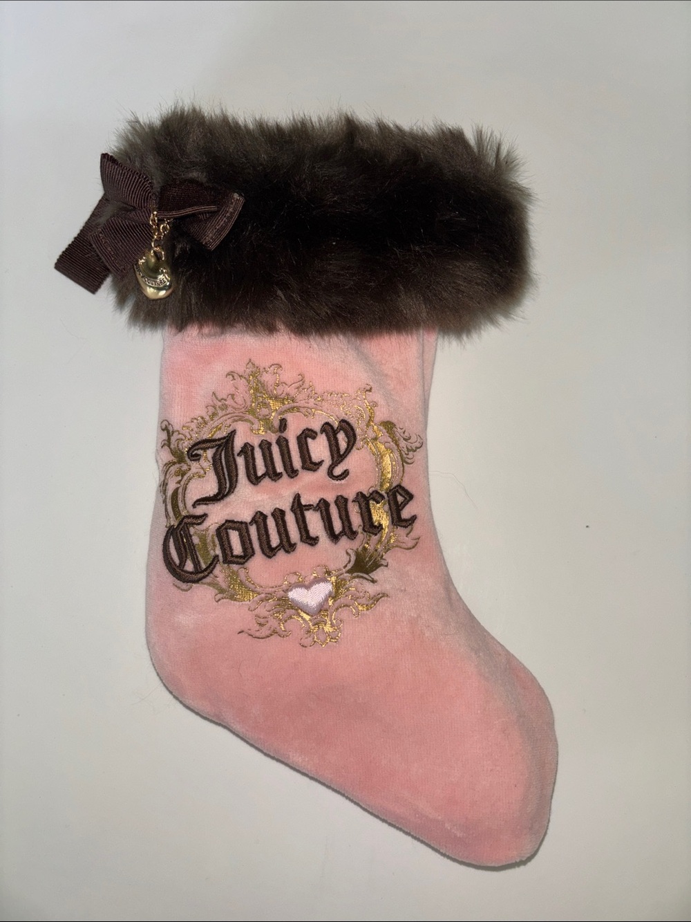 Vintage Juicy Couture Pink Plush Mini Stocking with Brown Fur Trim